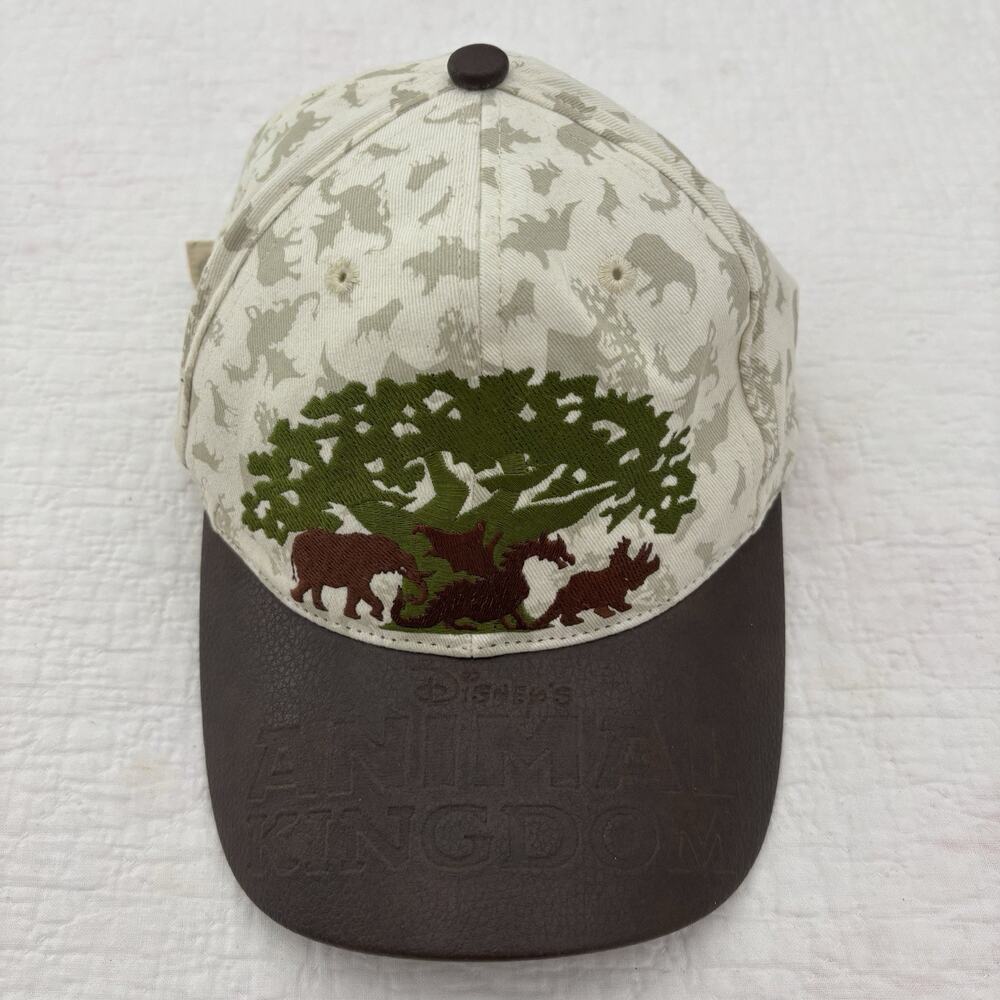 VTG Disney Animal Kingdom Strapback Hat Leather Canvas Cotton Beige